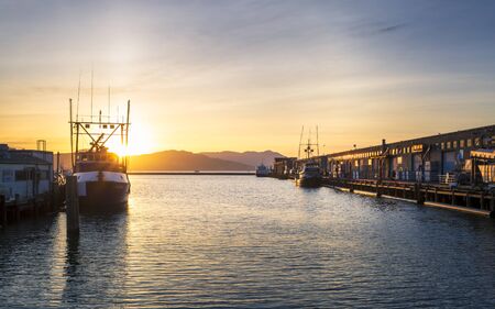 San Francisco, USA - June 9 2018: Sunset over Fishermans Wharf, San Francisco, California, United States of America, North Americaのeditorial素材