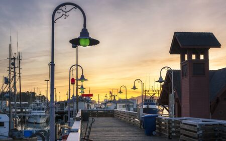 San Francisco, USA - June 9 2018: Sunset over Fishermans Wharf, San Francisco, California, United States of America, North Americaのeditorial素材
