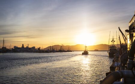 San Francisco, USA - June 9 2018: View of Golden Gate Bridge from Fishermans Wharf at sunset, San Francisco, California, United States of America, North Americaのeditorial素材
