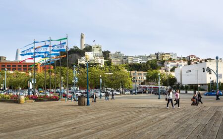 San Francisco, USA - June 9 2018: Coit Tower from Pier 39, San Francisco, California, United States of America, North Americaのeditorial素材