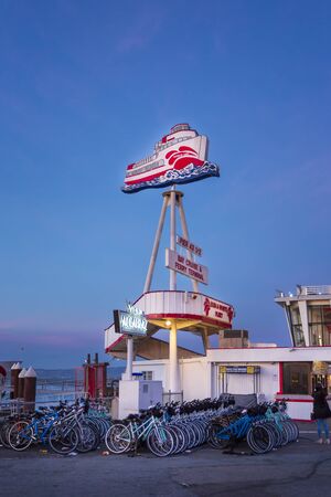 San Francisco, USA - June 10 2018: View of Harbor Princess sign at dusk, San Francisco, California, United States of America, North Americaのeditorial素材
