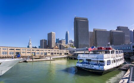 San Francisco, USA - June 8 2018: Alcatraz Island Ferry and San Francisco skyline, California, United States of America, North Americaのeditorial素材
