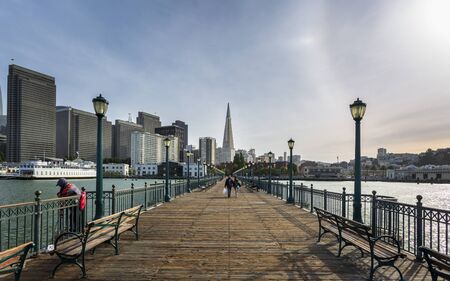 San Francisco, USA - June 9 2018: View on the Transamerica Pyramid from Pier 7 in San Francisco, California, United States of America, North Americaのeditorial素材