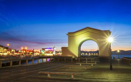 San Francisco, USA - June 10 2018: Pier 43 Ferry Arch at night, Fishermans Wharf, San Francisco, California, United States of America, North Americaのeditorial素材