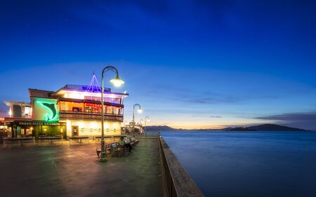 San Francisco, USA - June 10 2018: Frankies Pier 43 at night, Fishermans Wharf, San Francisco, California, United States of America, North Americaのeditorial素材