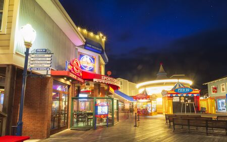 San Francisco, USA - June 10 2018: Pier 39 in Fishermans Wharf at night, San Francisco, California, United States of America, North Americaのeditorial素材