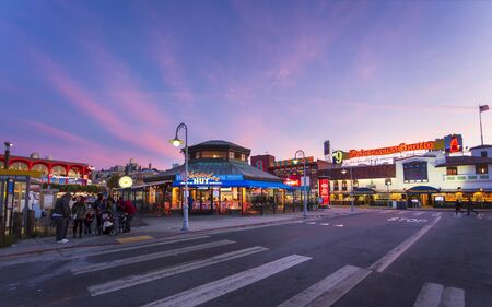 San Francisco, USA - June 10 2018: Fishermans Wharf at dusk, San Francisco, California, United States of America, North Americaのeditorial素材