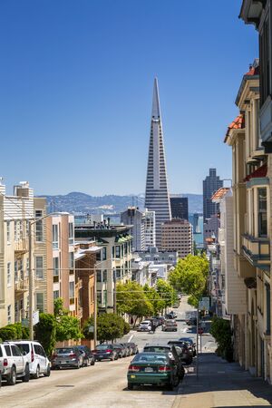 San Francisco, USA - June 11 2018: Street view of Transamerica Pyramid and Oakland Bay bridge San Francisco, California, USA, North Americaのeditorial素材