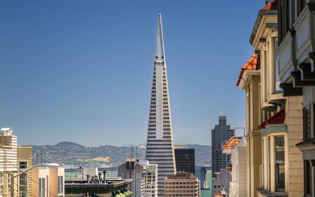 San Francisco, USA - June 11 2018: View of Transamerica Pyramid and Oakland Bay bridge San Francisco, California, USA, North Americaのeditorial素材