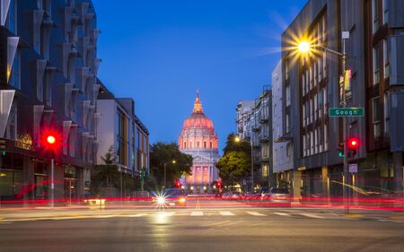 San Francisco, USA - June 11 2018: View of San Francisco City Hall illuminated at dusk, San Francisco, California, United States of America, North Americaのeditorial素材