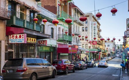 San Francisco, USA - June 12 2018: View of busy street in Chinatown, San Francisco, California, United States of America, USAのeditorial素材