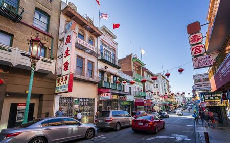 San Francisco, USA - June 12 2018: View of busy street in Chinatown, San Francisco, California, United States of America, USAのeditorial素材