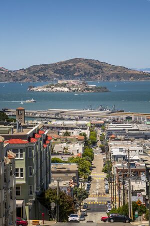 San Francisco, USA - June 11 2018: View of Alcatraz Island from Russian Hill, San Francisco, California, United States of America, North Americaのeditorial素材