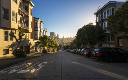 San Francisco, USA - June 12 2018: Sunset over hilly roads at Telegraph Hill, San Francisco, California, United States of America, USAのeditorial素材