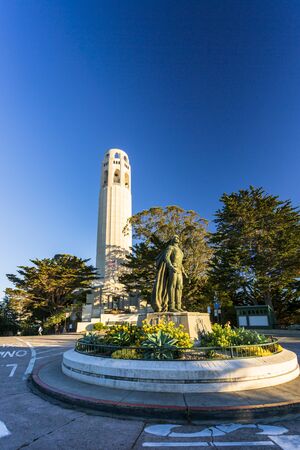 San Francisco, USA - June 12 2018: Coit Tower and Christopher Columbus statue, San Francisco, California, United States of America, USAのeditorial素材