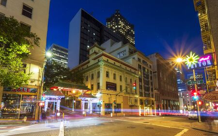 San Francisco, USA - June 12 2018: Dragons Gate and car trail lights at night, Chinatown, San Francisco, California, United States of America, USAのeditorial素材