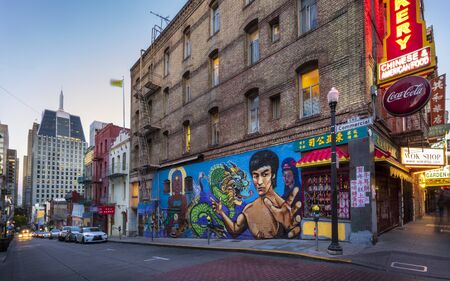 San Francisco, USA - June 12 2018: View of Bruce Lee mural in Chinatown at dusk, San Francisco, California, United States of America, USAのeditorial素材