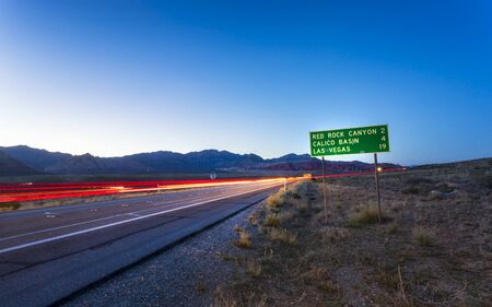 View of trail lights in Red Rock Canyon National Recreation Area, Las Vegas, Nevada, USA, North Americaの写真素材