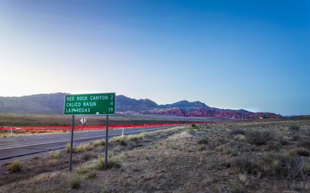 View of trail lights in Red Rock Canyon National Recreation Area, Las Vegas, Nevada, USA, North Americaの写真素材