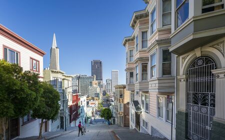 San Francisco, USA - June 12 2018: View of Transamerica Pyramid from Peter Macchiarini Steps, San Francisco, California, United States of America, USAのeditorial素材