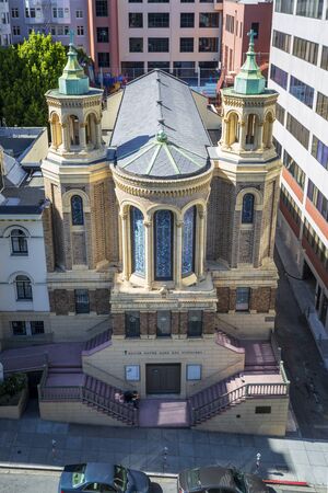San Francisco, USA - June 12 2018: Areal view of Notre Dame Des Victoires Church, San Francisco, California, United States of America, USAのeditorial素材
