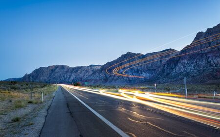 View of trail lights in Red Rock Canyon National Recreation Area, Las Vegas, Nevada, USA, North Americaの写真素材