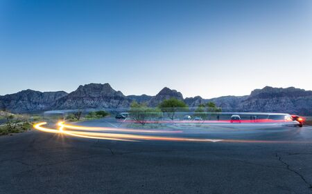 View of trail lights in Red Rock Canyon National Recreation Area, Las Vegas, Nevada, USA, North Americaの写真素材