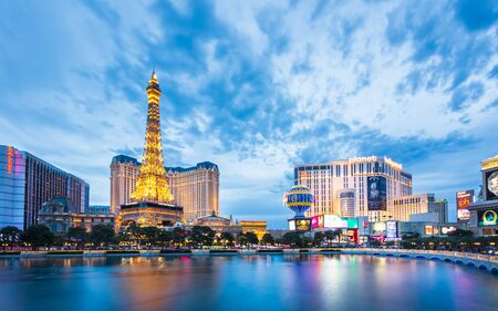 Las Vegas, USA - May 22 2018: View of Eifel Tower of the Paris Hotel and Casino on The Strip at dusk, Las Vegas Boulevard, Las Vegas, Nevada, USA, North Americaのeditorial素材