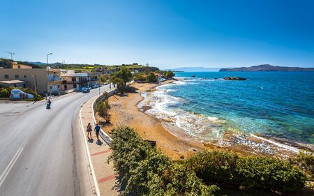 Crete, Greece - April 22 2018: Road to Kissamou and Mediterranean seashore, Crete, Greek Islands, Greece Europeのeditorial素材