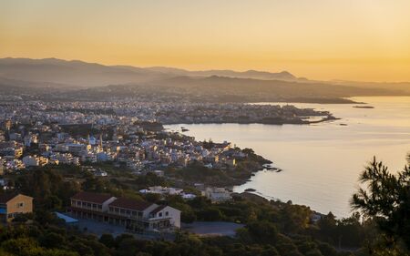 View of Chania from Venizelos Graves viewpoint at sunset, Akrotiri, Crete, Greek Islands, Greece, Europeの写真素材