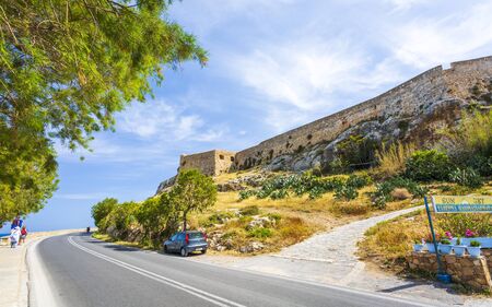 Crete, Greece - April 26 2018: The walls and a guard turret in the medieval Fortezza castle, in Rethymnon, Crete, Greek Islands, Greece, Europeのeditorial素材