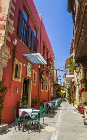 Crete, Greece - April 26 2018: Colourful Cafe in Rethymnon, Crete, Greek Islands Greece Europeのeditorial素材