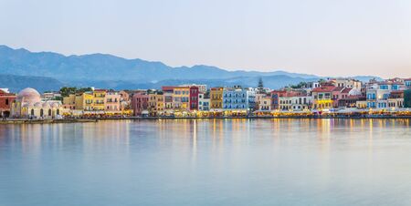 Panoramic view of The Venetian Harbour at dusk, Chania, Crete, Greek Islands, Greece, Europeの写真素材