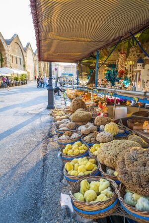 Crete, Greece - April 27 2018: Souvenirs and sea sponge for sale on a boat in Chania, Crete, Greek Islands, Greece, Europeのeditorial素材