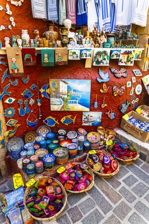 Colourful traditional Cretan pottery and souvenirs for sale in Crete, Greek Islands, Greece, Europeのeditorial素材