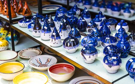 Colourful traditional Cretan pottery for sale in Crete, Greek Islands, Greece, Europeのeditorial素材