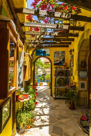 Colourful traditional Cretan pottery and souvenirs for sale in Crete, Greek Islands, Greece, Europeのeditorial素材