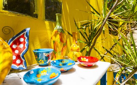 Colourful traditional Cretan pottery and souvenirs for sale in Crete, Greek Islands, Greece, Europeのeditorial素材