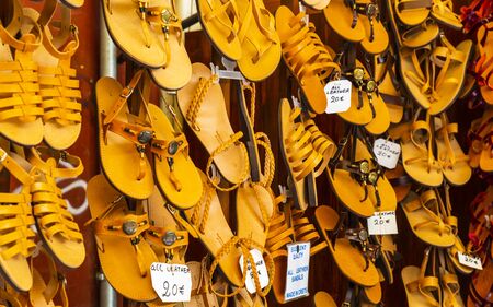 Leather sandals, Chania, Crete Greek Islands Greece Europeのeditorial素材
