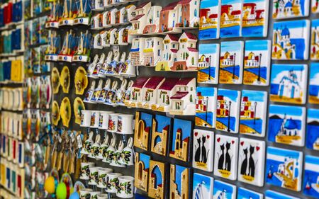 Colourful souvenirs for sale in Crete, Greek Islands, Greece, Europeのeditorial素材