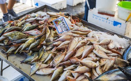 Fresh fish stand, Chania, Crete, Greek Islands Greece Europeのeditorial素材