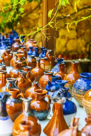 Colourful traditional Cretan pottery for sale in Crete, Greek Islands, Greece, Europeのeditorial素材