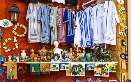 Colourful traditional Cretan pottery and souvenirs for sale in Crete, Greek Islands, Greece, Europeのeditorial素材