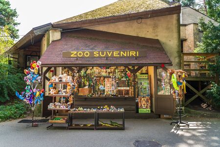 RIGA, LATVIA - AUGUST 16, 2019: Souvenir shop at Riga National Zoological Garden, Zoo Mezaparks Riga Latvia Europeのeditorial素材