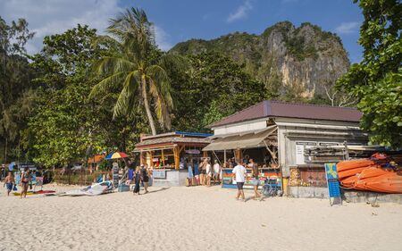 Krabi, Thailand - DECEMBER 24, 2019: Local shop on Railay beach in Railay, Ao Nang, Krabi Province, Thailand, Southeast Asia Asiaのeditorial素材