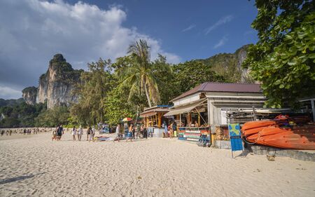Krabi, Thailand - DECEMBER 24, 2019: Local shop on Railay beach in Railay, Ao Nang, Krabi Province, Thailand, Southeast Asia Asiaのeditorial素材