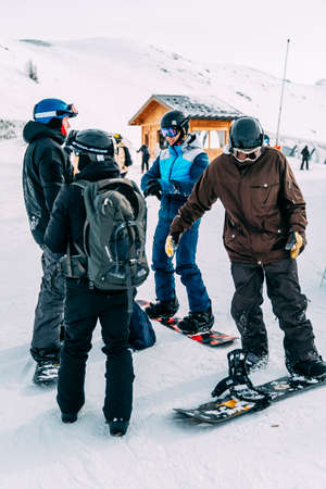 Snowboarders at La Plagne ski resort, French Alps, Tarentaise, France, Europeのeditorial素材