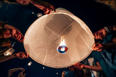 Chiang Mai, Thailand - Decemer 31st, 2019: Releasing lanterns at new year's eve, Chiang Mai, Thailand, Southeast Asia, Asiaのeditorial素材