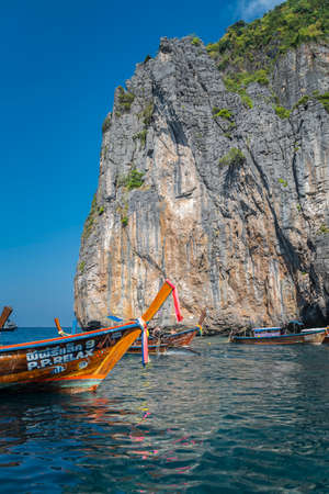 Phi Phi, Thailand - December 25th 2019: Maya Bay 'The Beach' with long-tail boats and tourists, Phi Phi Lay Island, Krabi Province, Thailand, Southeast Asia, Asiaのeditorial素材