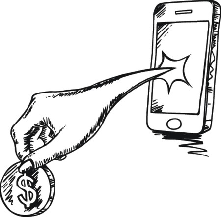 hand giving a donation with smartphone, sketch vector illustration isolated のイラスト素材